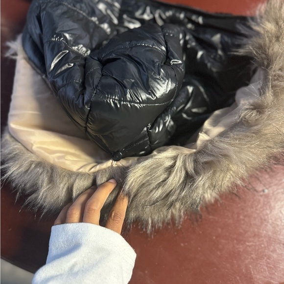 LA Coalition black puff jacket womens L long hood FAUX Fur Collar Winter Coat - Picture 10 of 10